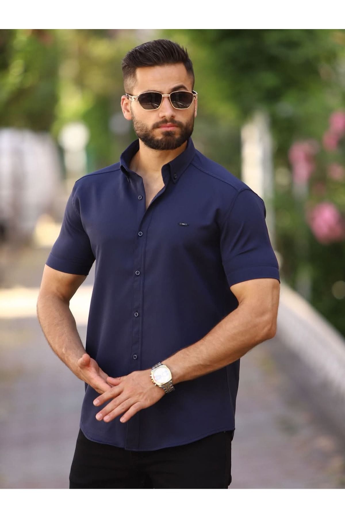 Artı1 Slim Fit Kısa Kollu Kolay Ütü Teri Emen Nefes Alan Timsah Nakışlı Dört Mevsim Erkek Gömlek
