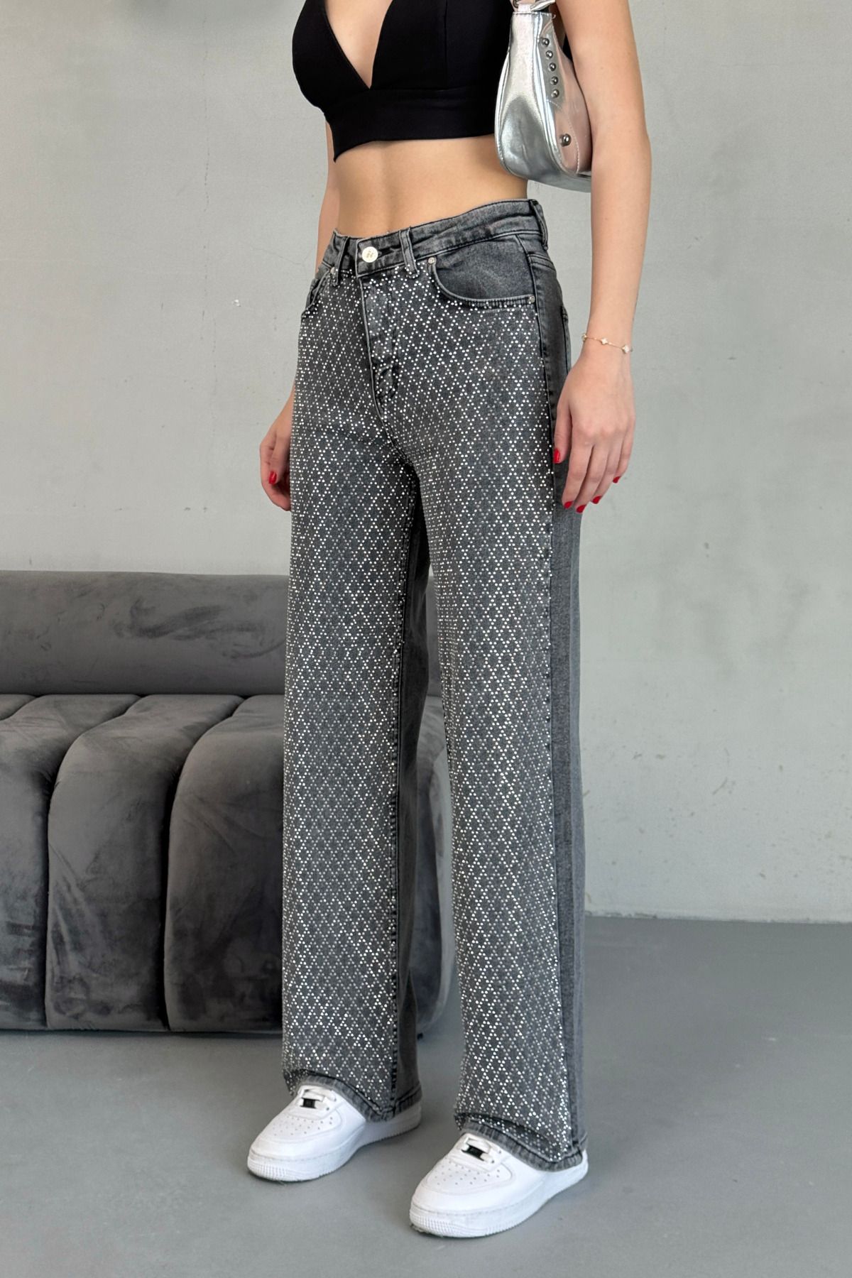 alanora Kadın Füme Yüksek Bel Mini Baklava Taşlı Likralı Wide Leg Pantolon