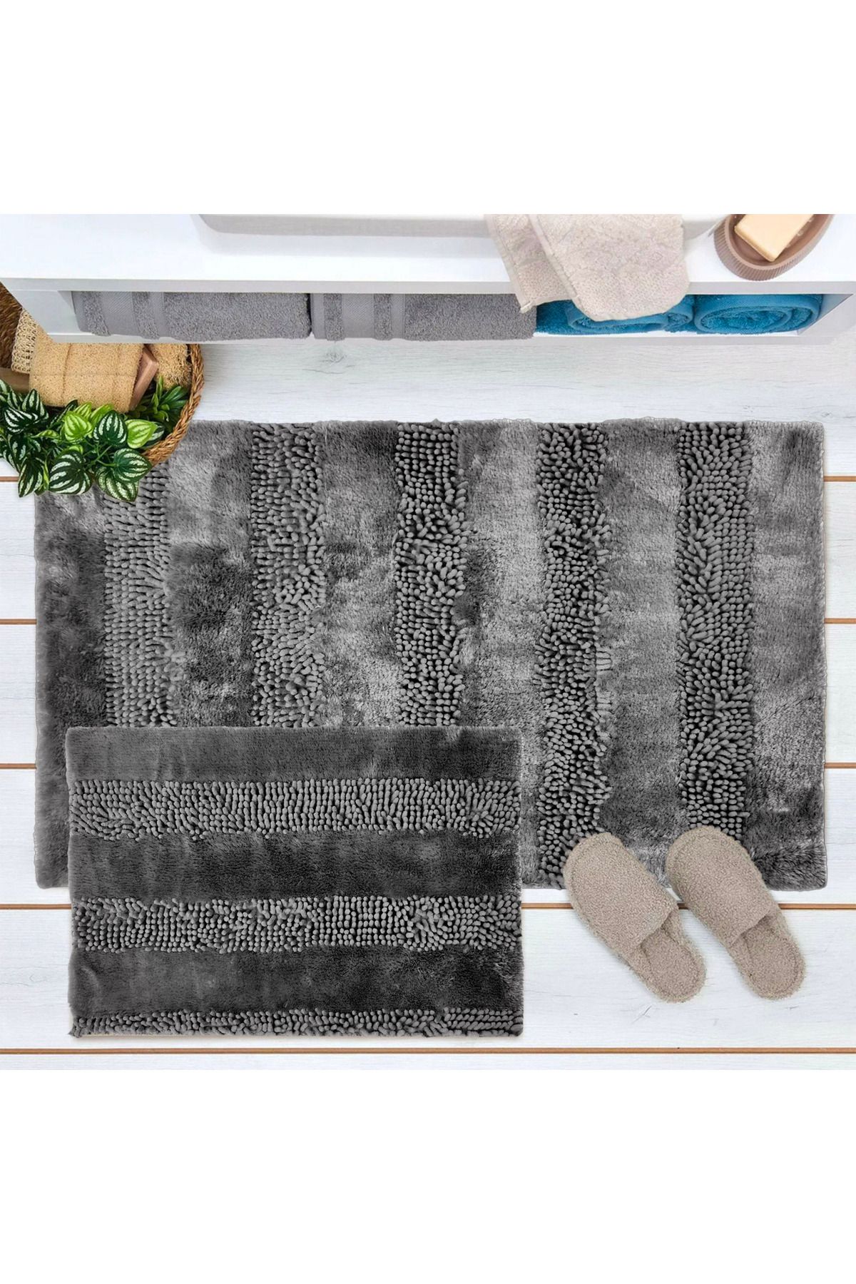 Evidea Soft Line 2'li Banyo Paspası - Antrasit - 60x90 cm + 45x60 cm