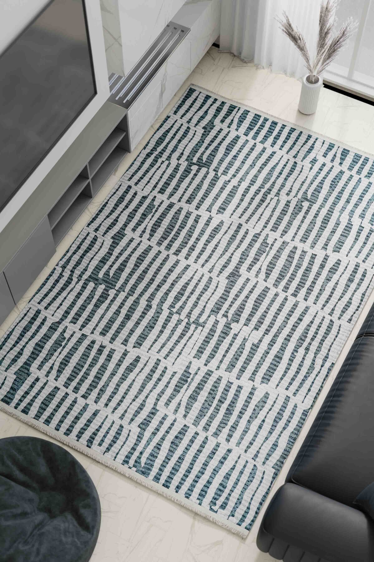 Oriente Home Çizgi Desenli Yıkanabilir Kaymaz Taban Şönil Halı Gri Mavi Yolluk 8318