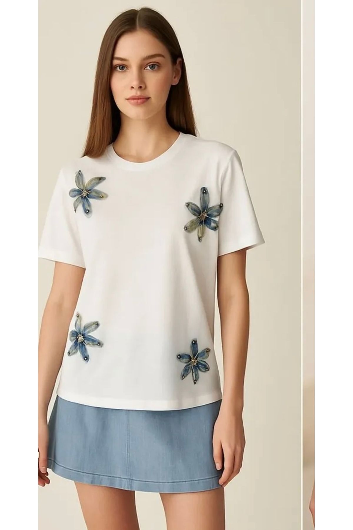 LAMORİA Kadın Bisiklet Yaka Tül Çiçekli Kısa Kollu T-shirt/Bluz