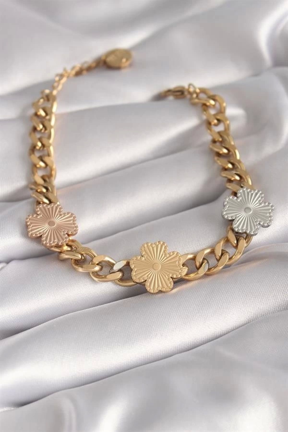Lale Moda 316L Çelik Gold Renk Zincir Model 3'lü Renkli Çiçek Figür Kadın Bileklik