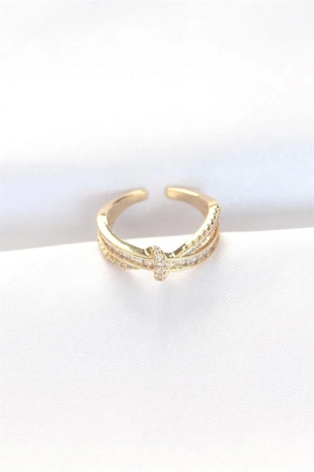 Lale Moda Kıvrım Model Gold Renk Zirkon Taşlı Ayarlanabilir Yüzük
