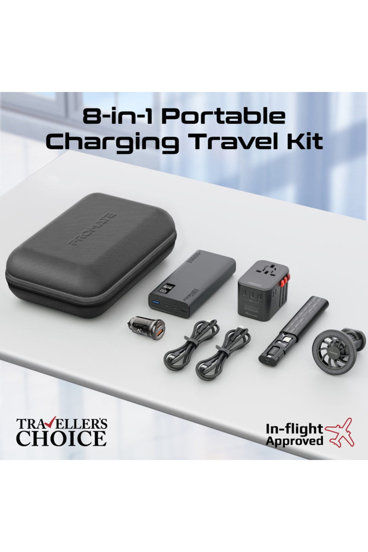 Promate-7 in 1 Portable Essential Electronic Accessories Travel Kit - Black 2
