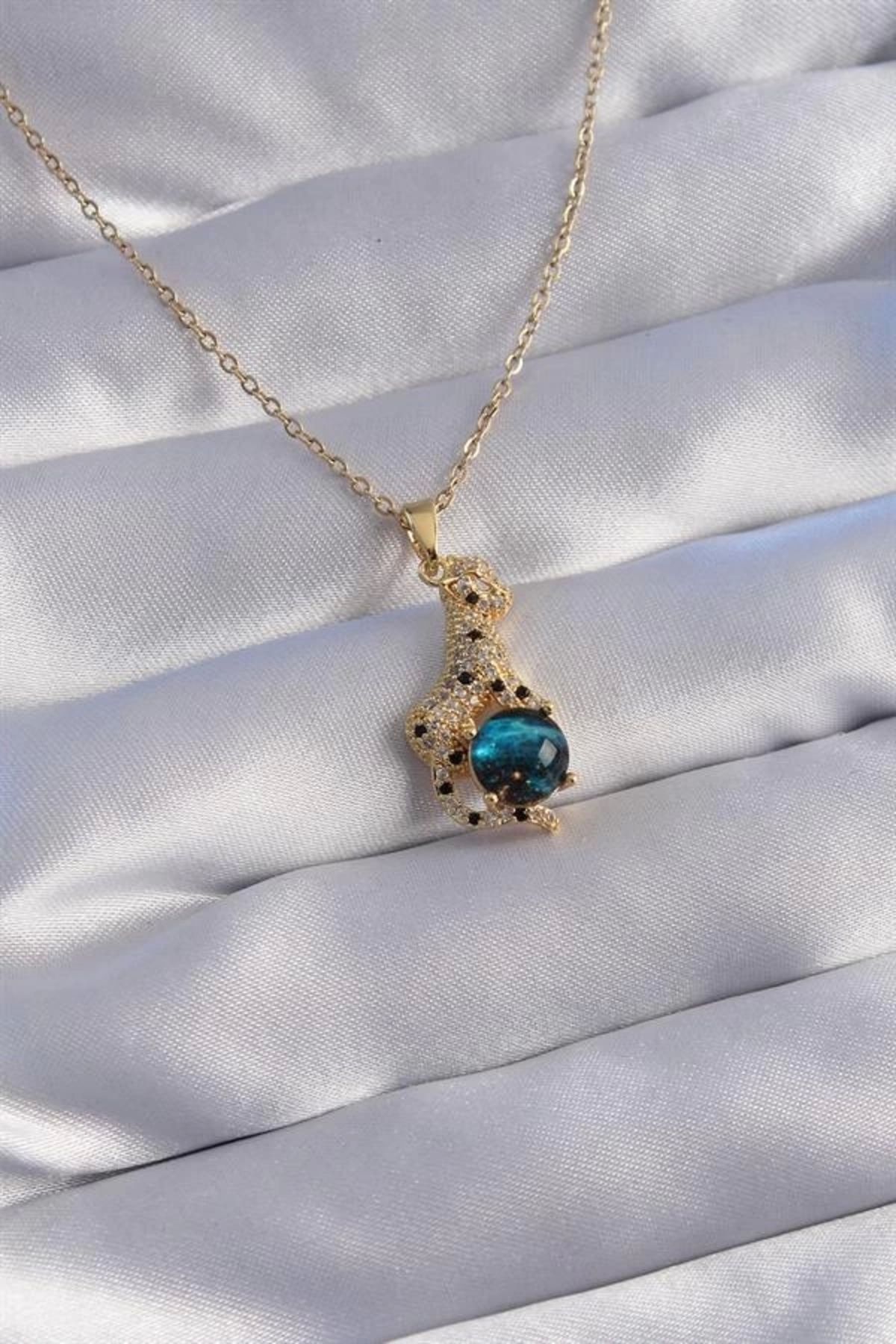 Lale Moda 316L Çelik Zincir Gold Renk Zirkon Taşlı Panter Figürlü Gezegen Kolye