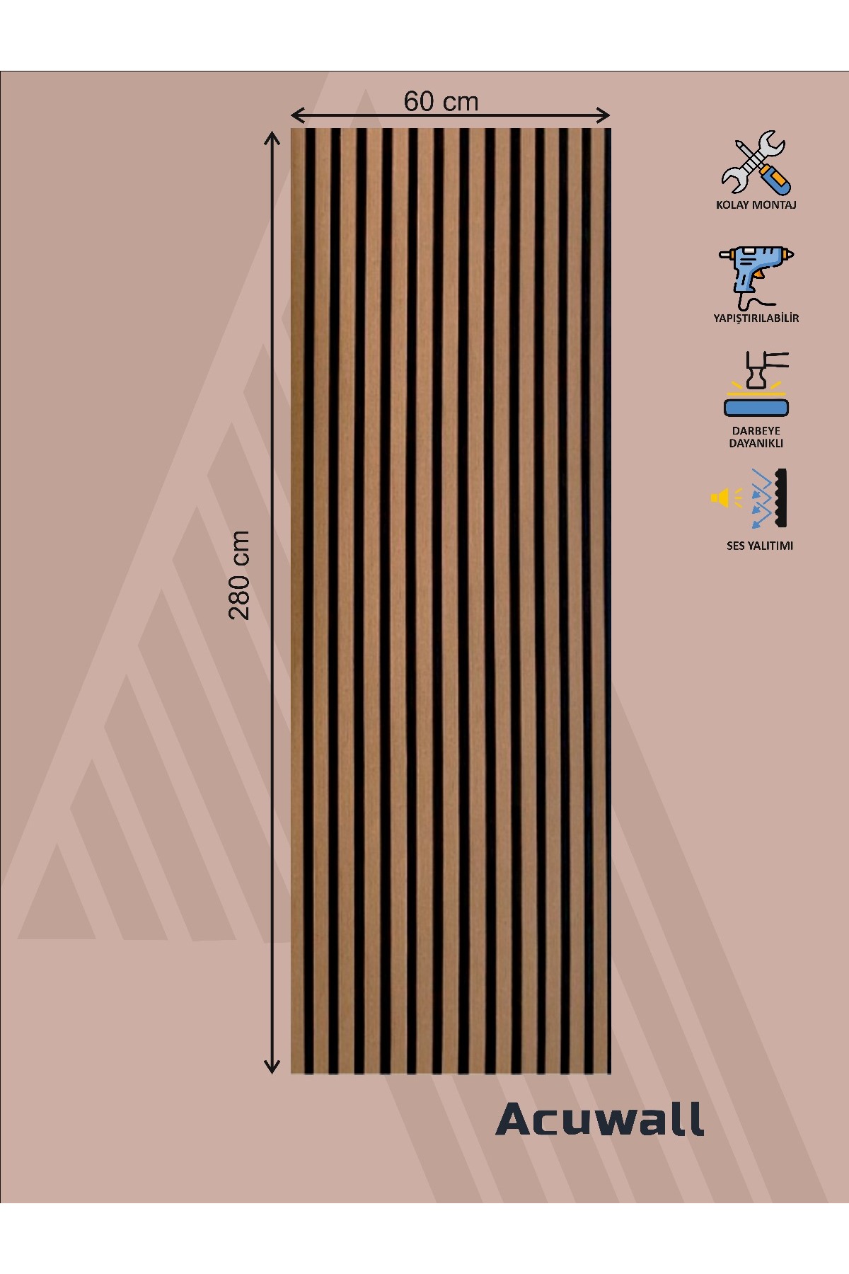 Acuwall Akustik Duvar Paneli -Diamond Serisi- 5mm Keçe+10mm Ahşap Çıta ...