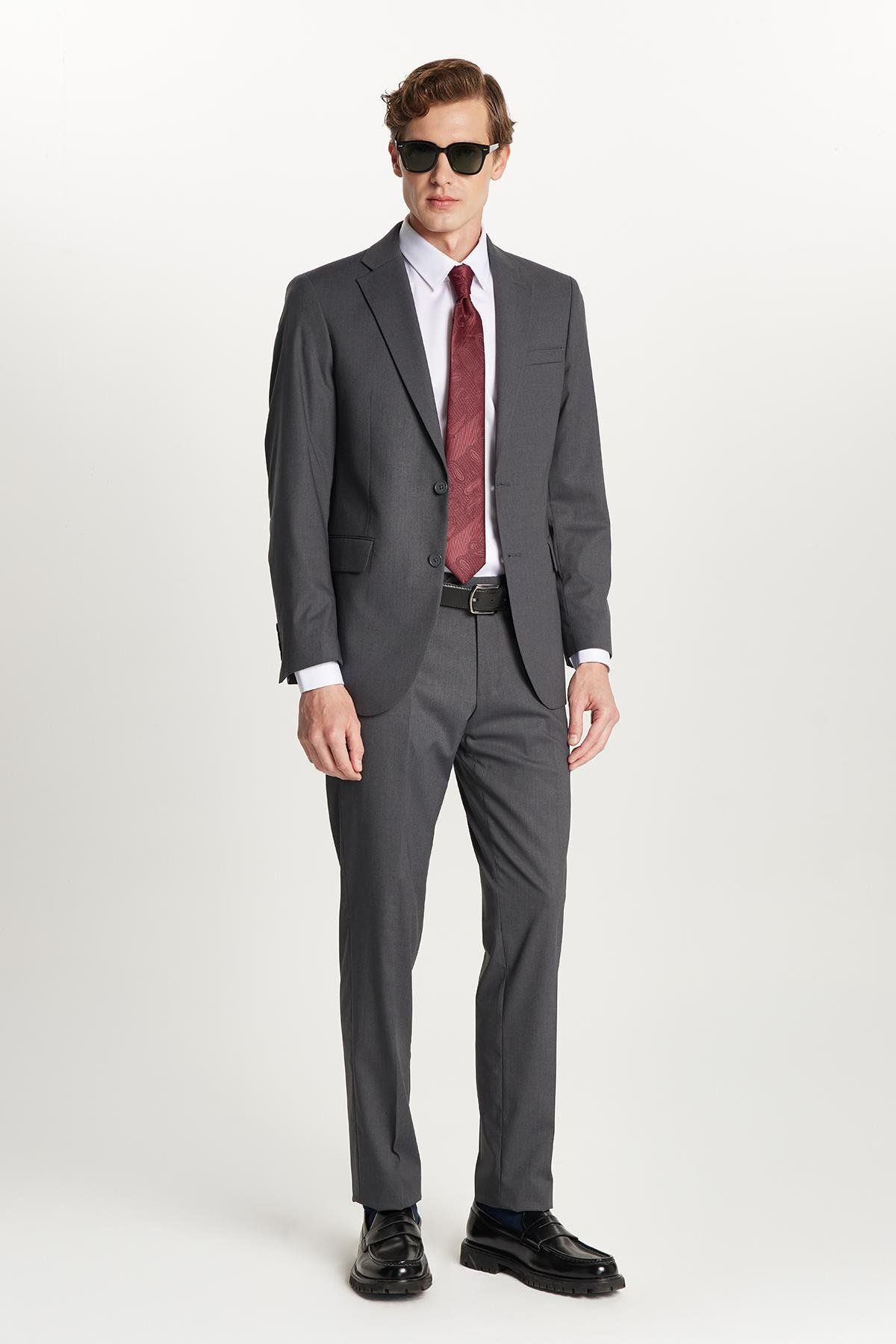 Tudors Erkek Slim Fit Mono Yaka Likralı Esnek Kumaş Füme Takım Elbise