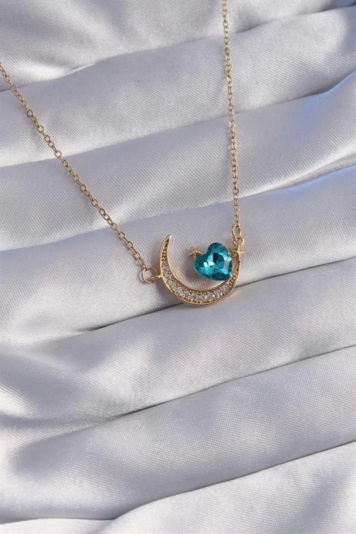 Lale Moda 316L Çelik Zincir Gold Renk Mavi Zirkon Taşlı Ay Tasarımlı Kolye
