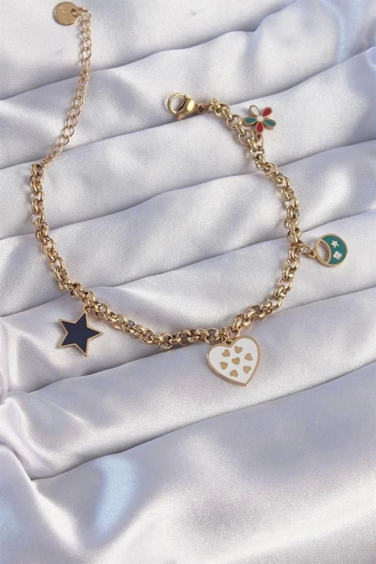 Lale Moda 316L Çelik Gold Renk Mineli Çoklu Aksesuar Tasarımlı Zincir Bileklik