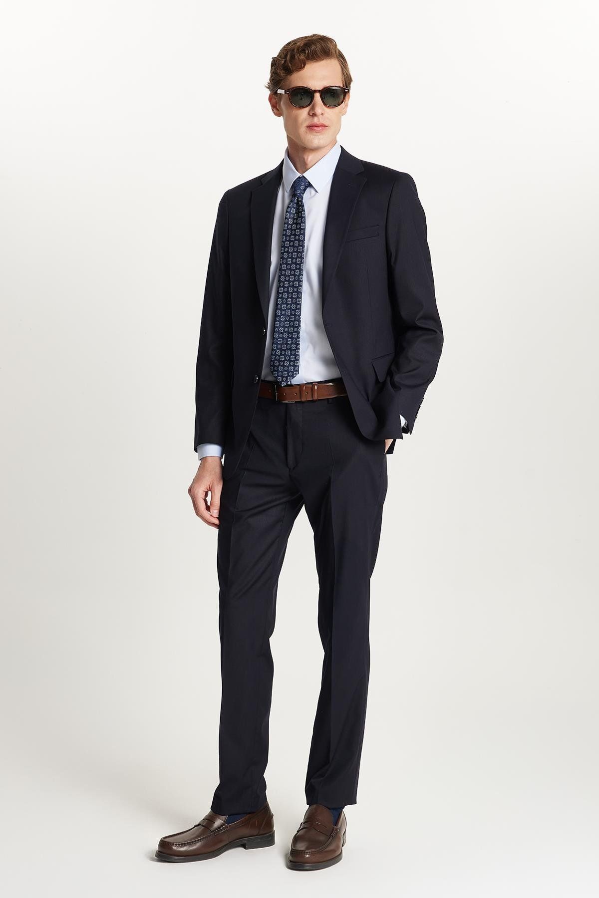 Tudors Erkek Slim Fit Mono Yaka Likralı Esnek Kumaş Lacivert Takım Elbise