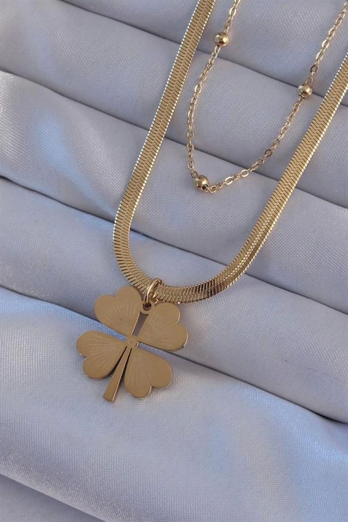 Lale Moda 316L Çelik Gold Renk Çift Zincir Yonca Model Kolye