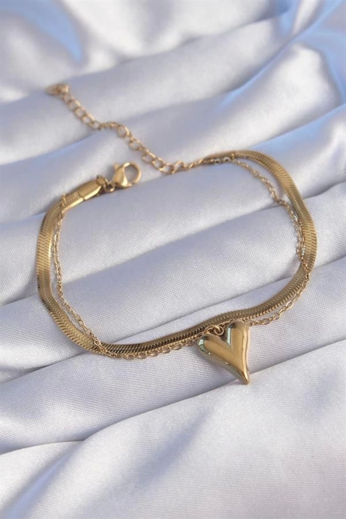 Lale Moda 316L Çelik Gold Renk İtalyan Zincirli Kalp Model Bileklik