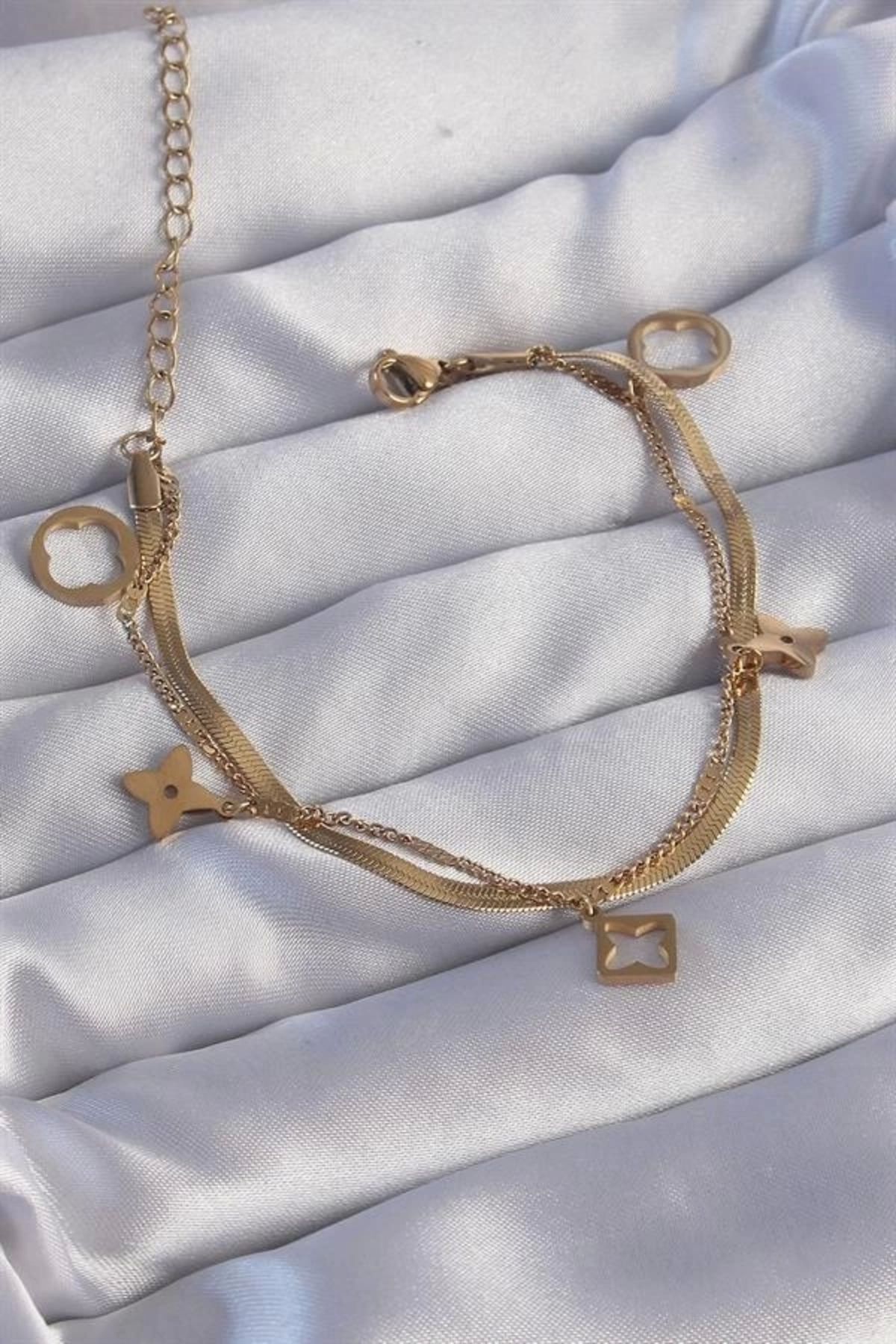 Lale Moda 316L Çelik Gold Renk Çift Zincir Yonca Tasarım Bileklik