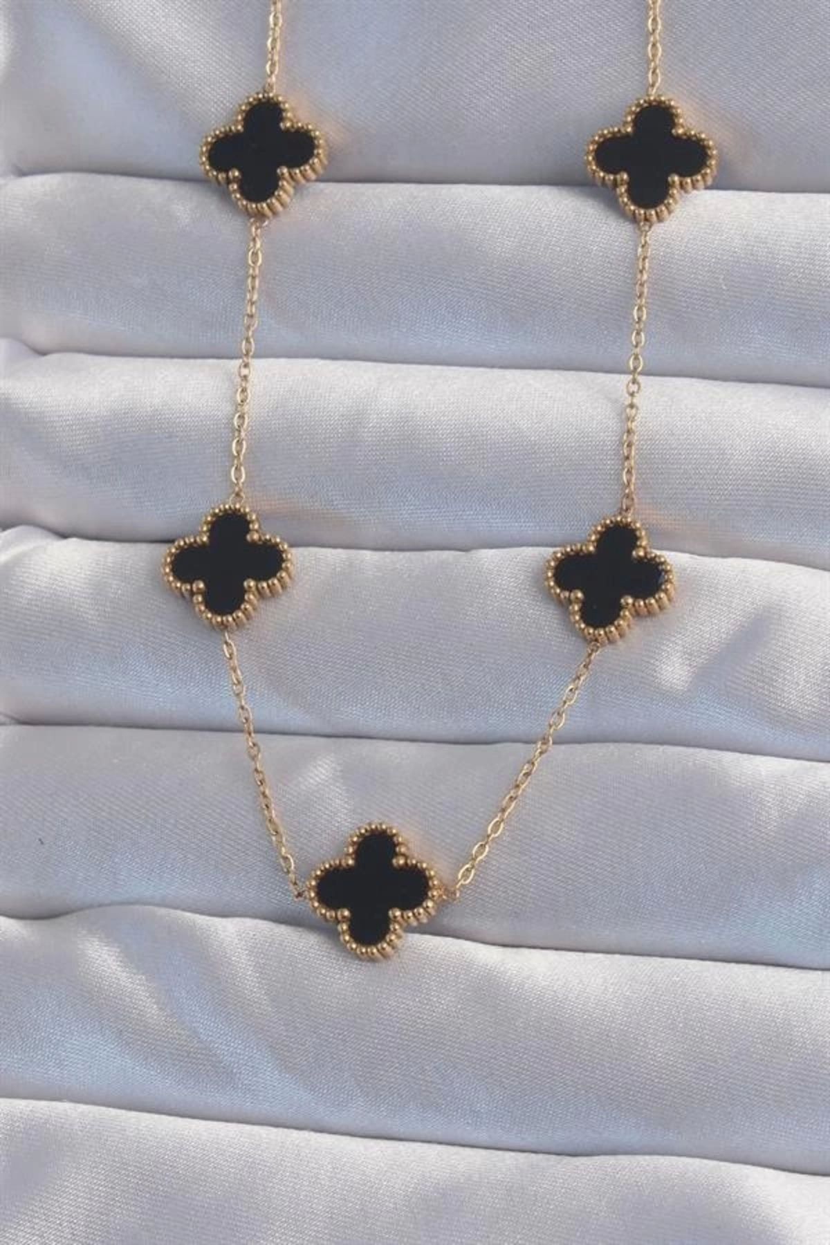 Lale Moda 316L Çelik Gold Renk Siyah Mineli Yonca Kolye