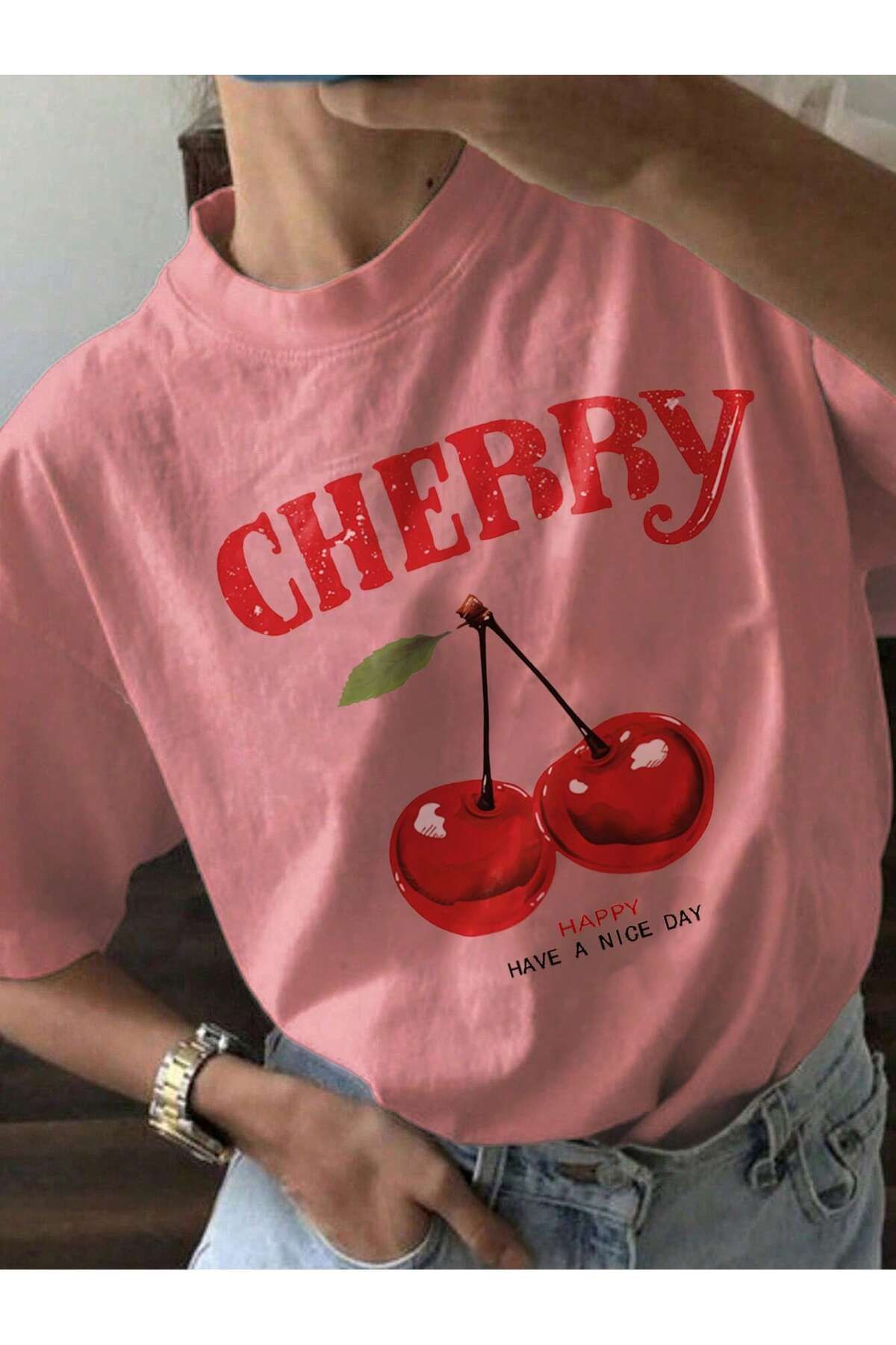 MOY TEKSTİL KADIN CHERRY Baskılı Tişört