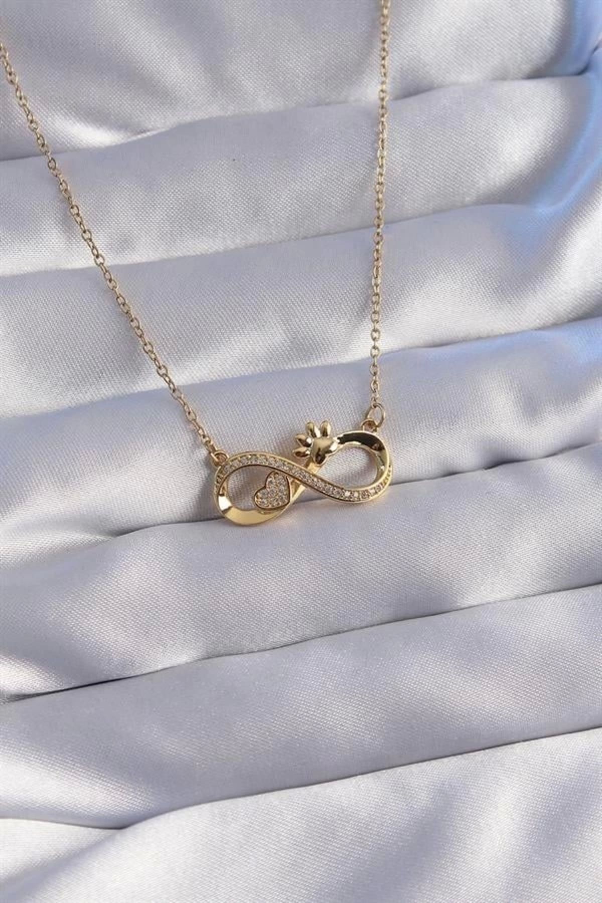 Lale Moda 316L Çelik Zincir Gold Renk Zirkon Taşlı Pati ve Kalp Detaylı Sonsuzluk Kolye