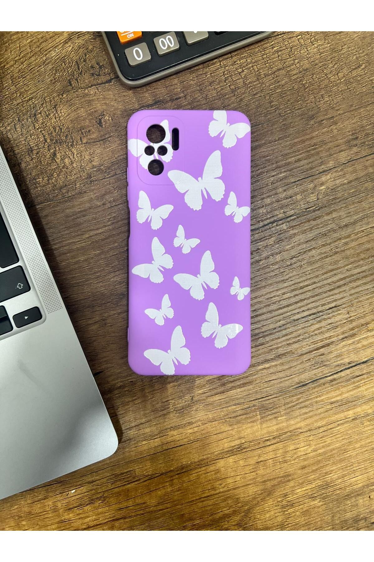 HZR Xiaomi Redmi Note 10 Kelebek Desenli Mor Silikon Kılıf