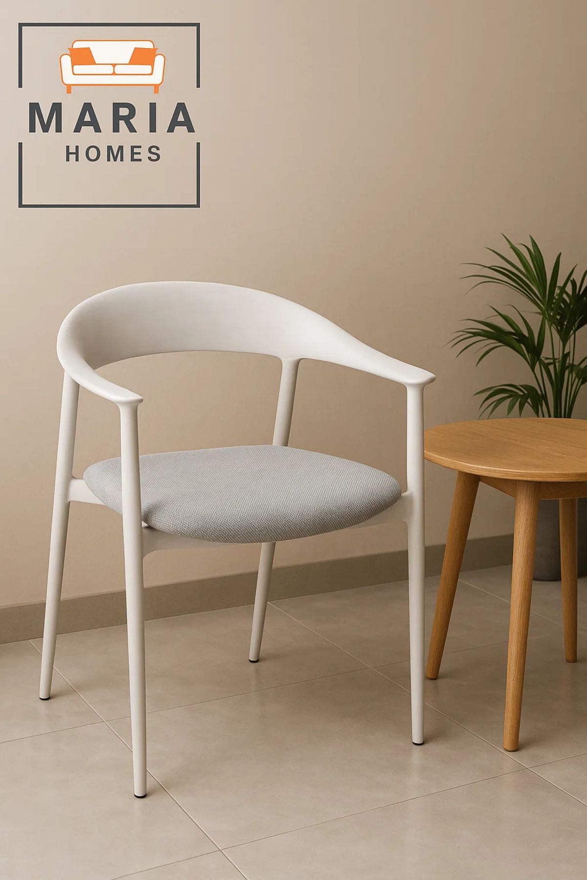 MARIA HOMES-White Modern Armchair with Light Grey Fabric Seat – Minimalist Dining or Office Chair 2