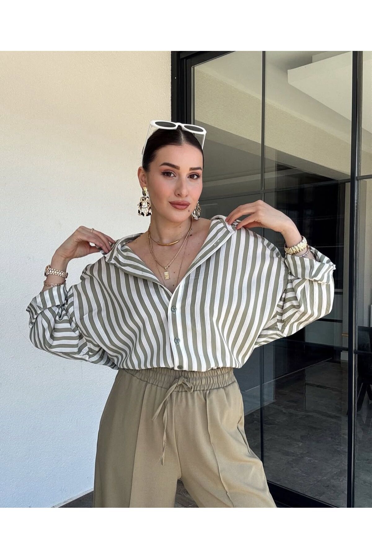 Style Marka Muadil Çizgili Gömlek Yeşil