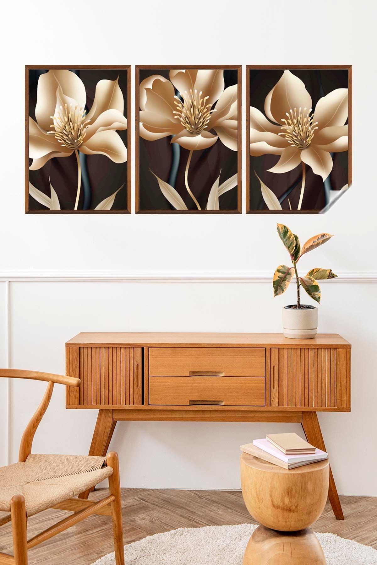 Akıllı Kağıt Statik Tutunma Özellikli Çerçeve Görünümlü 50 x 70 Cm Modern Tablo Poster Altın Çiçek Model 4