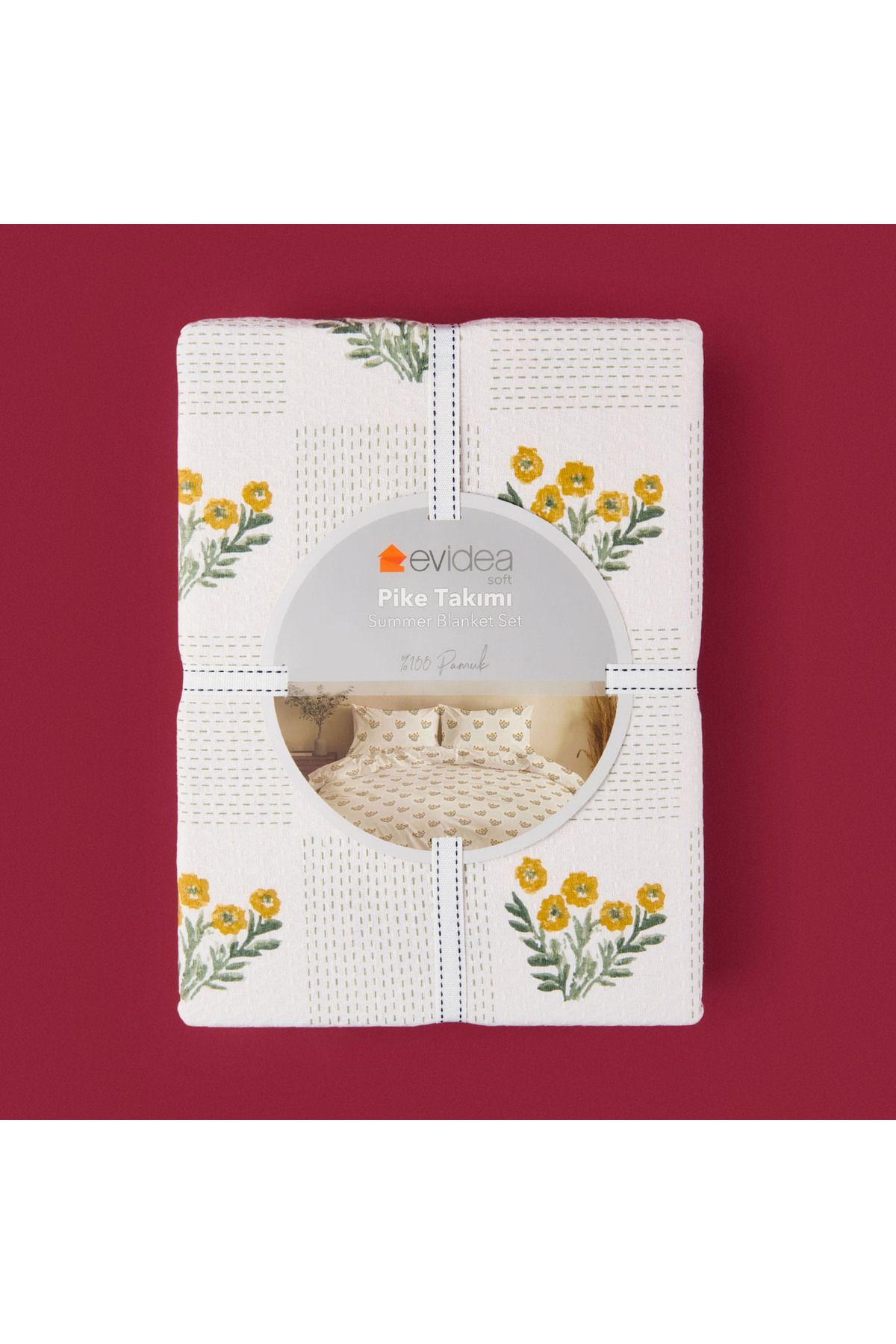 Evidea Soft Folky Çift Kişilik Pike Takımı - Beyaz / Sarı