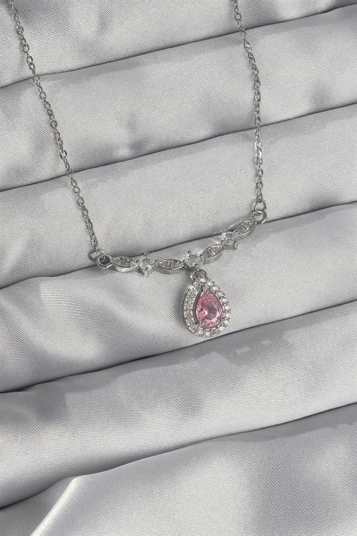 Lale Moda 316L Çelik Gümüş Renk Pembe Zirkon Taşlı Damla Kolye