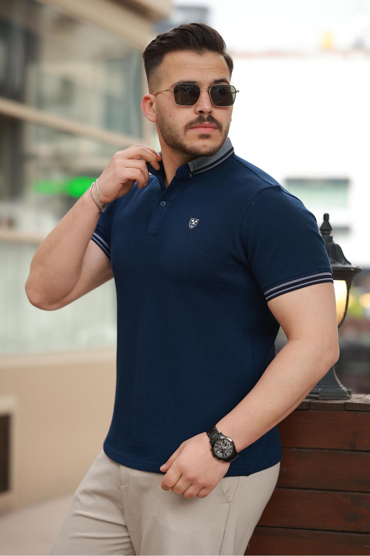 Miron Lacivert Logo Nakışlı Polo Yaka Kısa Kollu Tişört -2518