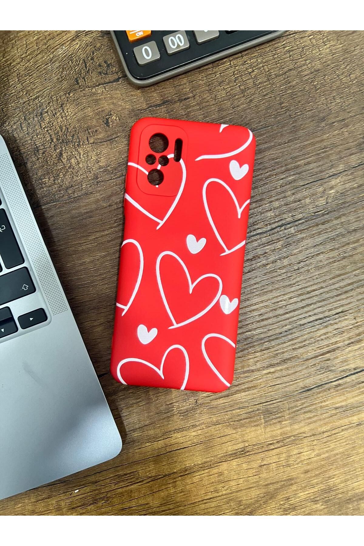 HZR Xiaomi Redmi Note 10 Kalp Desenli Kırmızı Silikon Kılıf