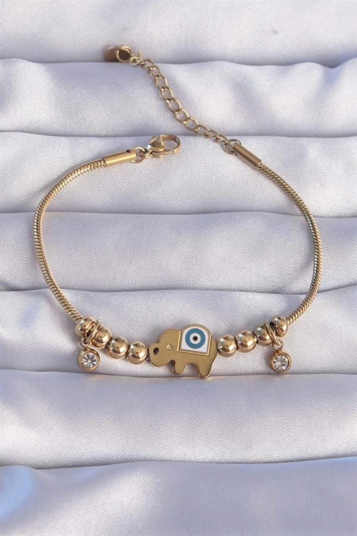 Lale Moda 316L Çelik Gold Renk Zirkon Taşlı Nazarlı Fil Tasarımlı Bileklik
