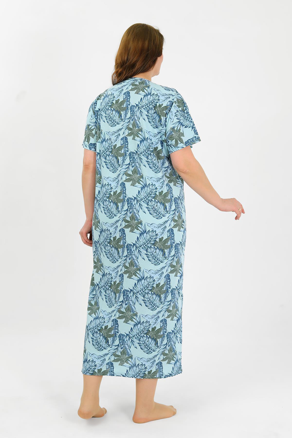 Akbeniz-Women's Large Size Short Sleeve Blue Mother Nightgown 1377 4