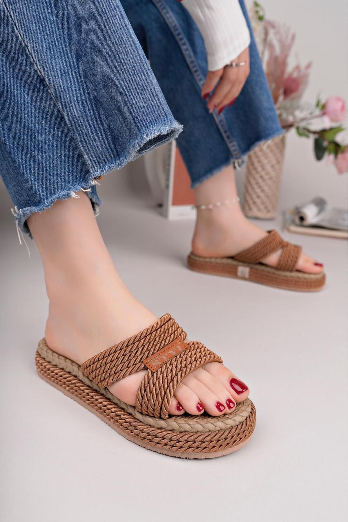 MODA MHS Kadın Ortopedik Yumuşak Taban Günlük Giyimlik Halatlı Kadın Terliği