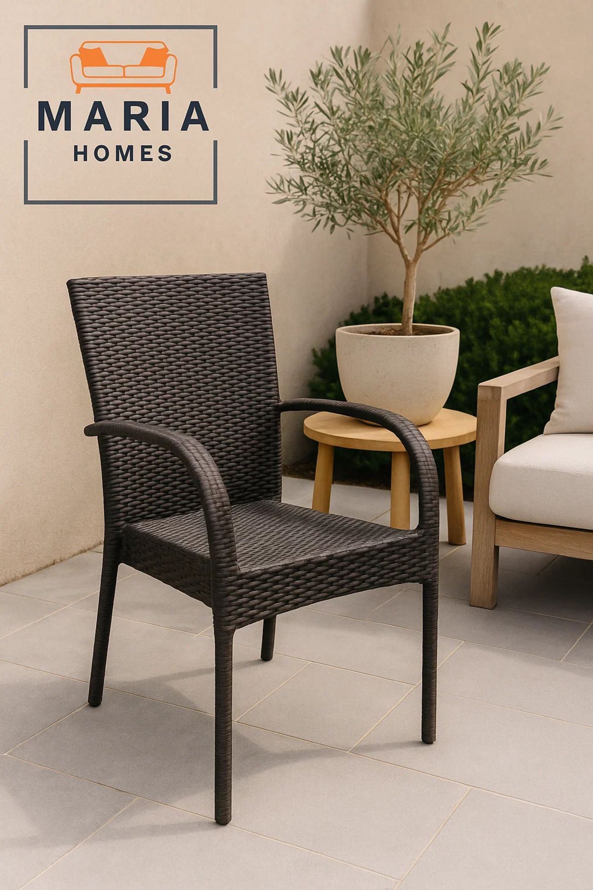 MARIA HOMES-Brown Rattan Outdoor Armchair – Weather-Resistant Wicker Chair for Patio, Garden, or Balcony 4
