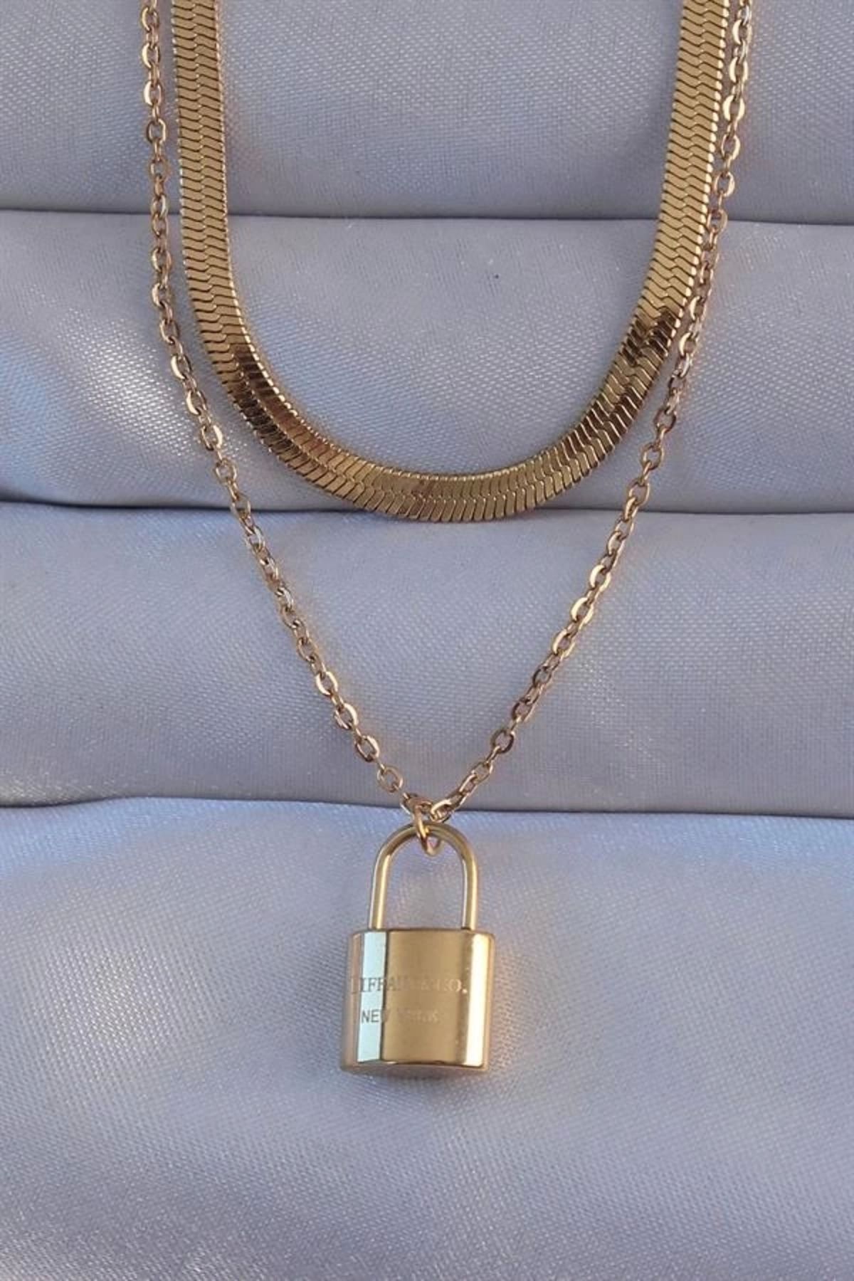 Lale Moda 316L Çelik Gold Renk Çift Zincir Kilit Model Kolye