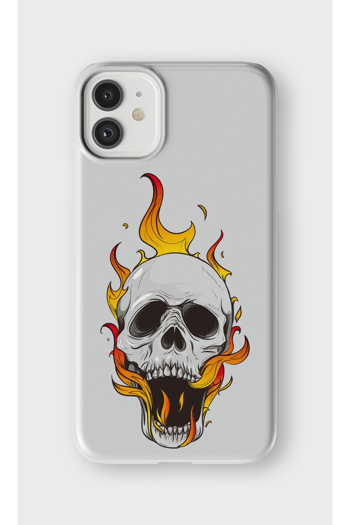 lelia iPhone 11 Uyumlu Alevli Kuru Kafa Tasarımlı İçi Kadife Lansman Beyaz Silikon Kılıf