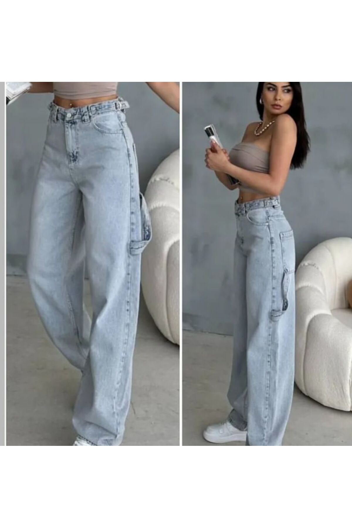 Shield Life Apoletli Açık Mavi Super Baggy Jean Pantolon Çift Kemerli Ayarlanabilir Geniş Paça Süper Yüksek Bel