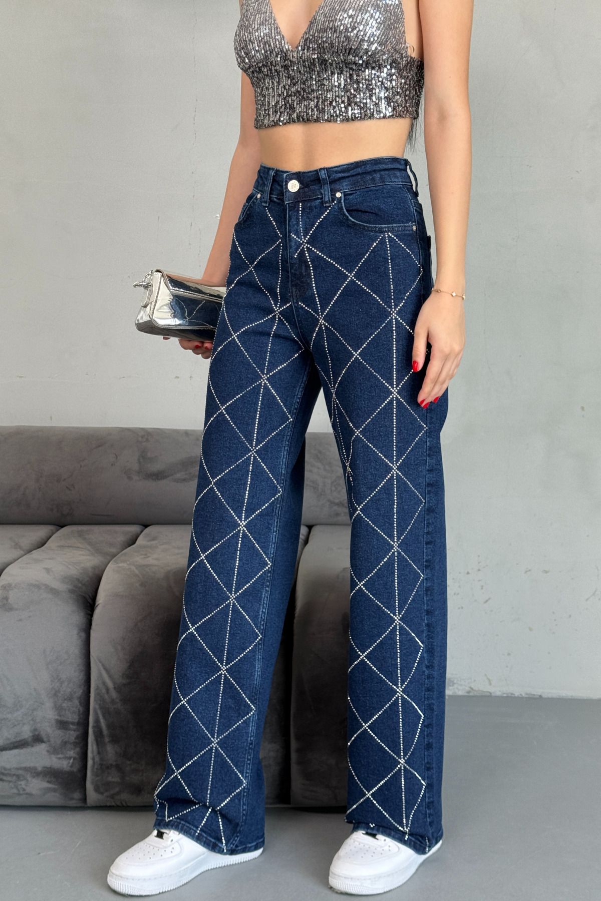 alanora Kadın Lacivert Yüksek Bel Baklava Taşlı Likralı Wide Leg Pantolon