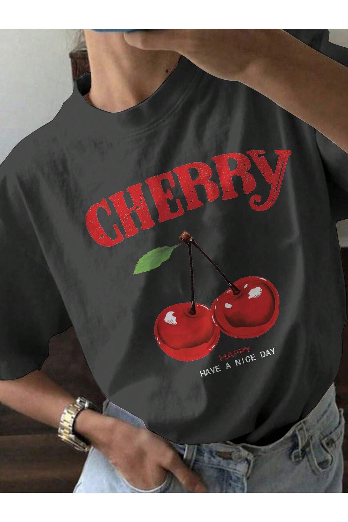 MOY TEKSTİL KADIN CHERRY Baskılı Tişört