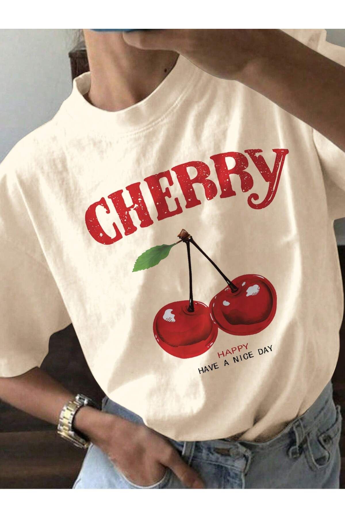 MOY TEKSTİL KADIN CHERRY Baskılı Tişört