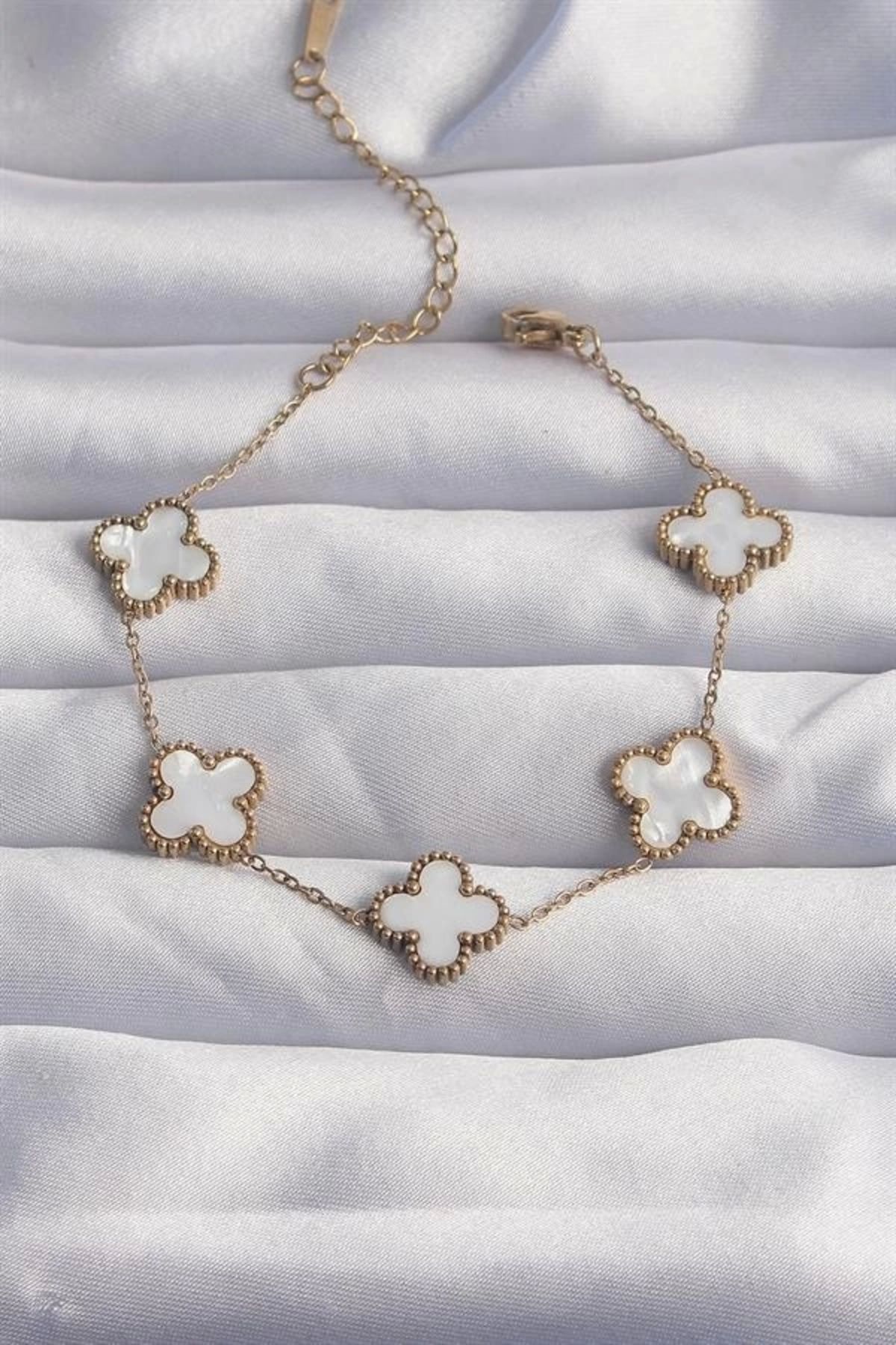 Lale Moda 316L Çelik Gold Renk Beyaz Sedefli Yonca Bileklik