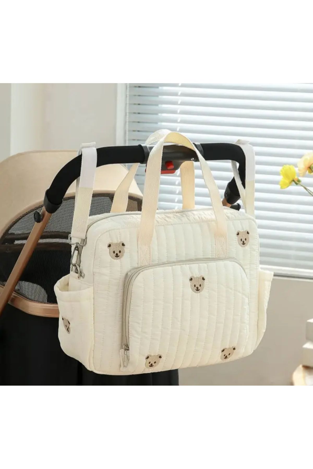 babylintr Müslin Kumaş Günlük Kullanıma Uygun Orta Boy Anne Çantası - Teddy Desenli