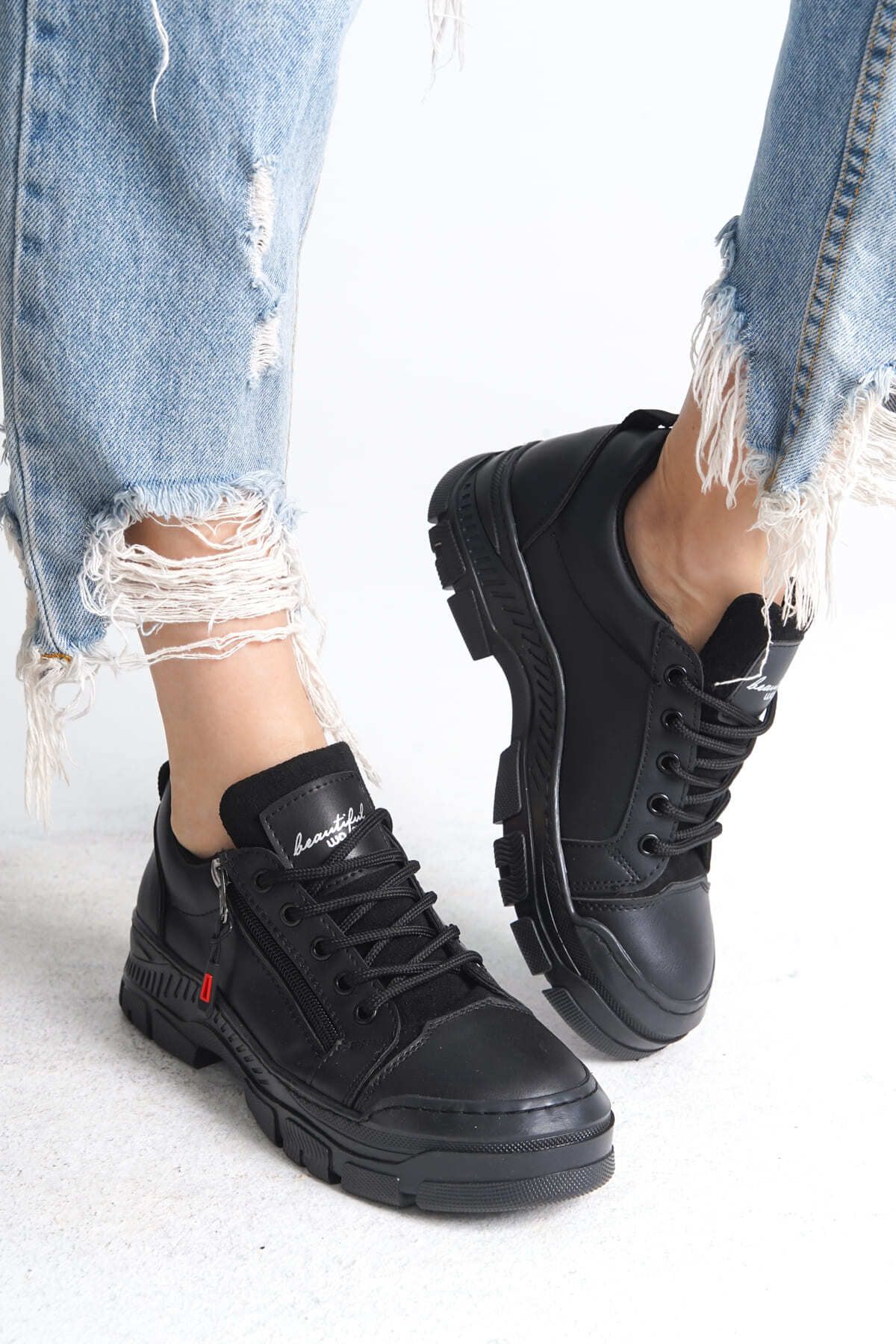Joy AGATHA Bağcıklı Fermuarlı Ortopedik Taban Kadın Sneaker Spor Ayakkabı - ST Siyah