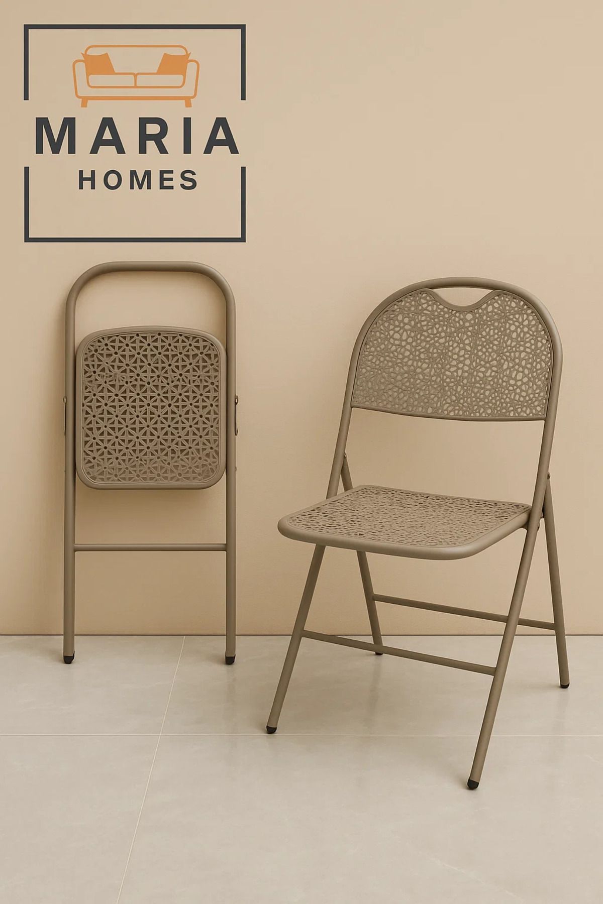 MARIA HOMES-Beige Folding Plastic Chair with Elegant Cut-Out Design – Lightweight & Space-Saving 2