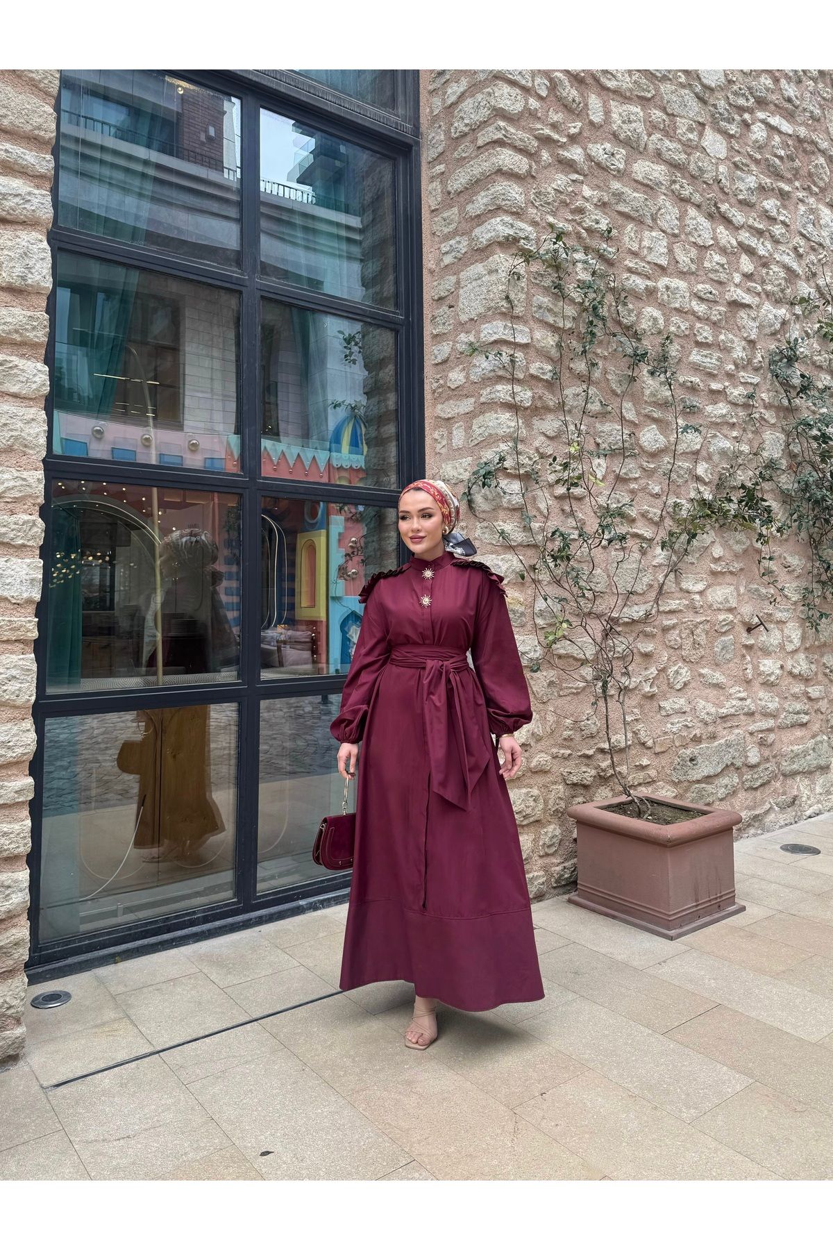 THE RAREBELL Güneş Düğmeli Poplin Kumaşlı Tesettür Elbise