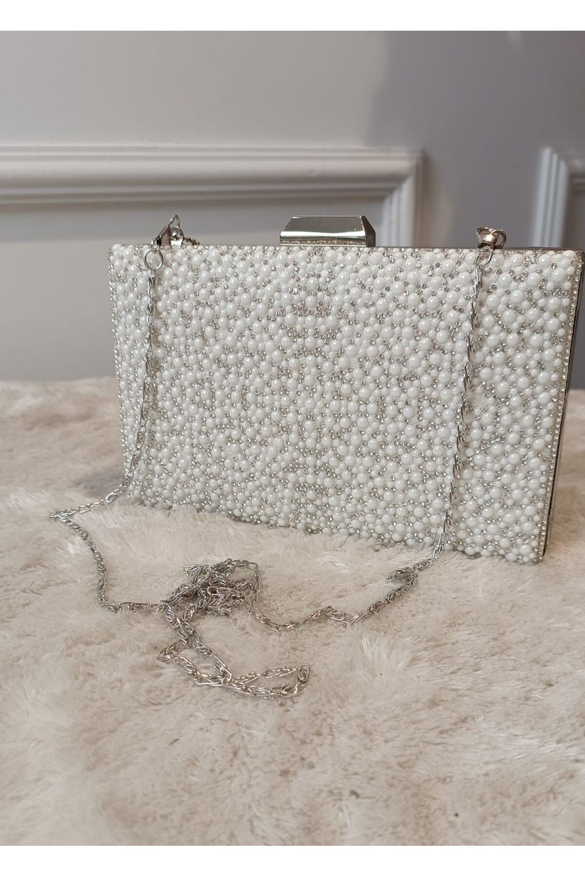 RUXENE İNCA İNCİ İŞLEME DETAY DİKDÖRTGEN ZİNCİR ASKI DETAYLI CLUTCH GELİN DAVET ÇANTASI