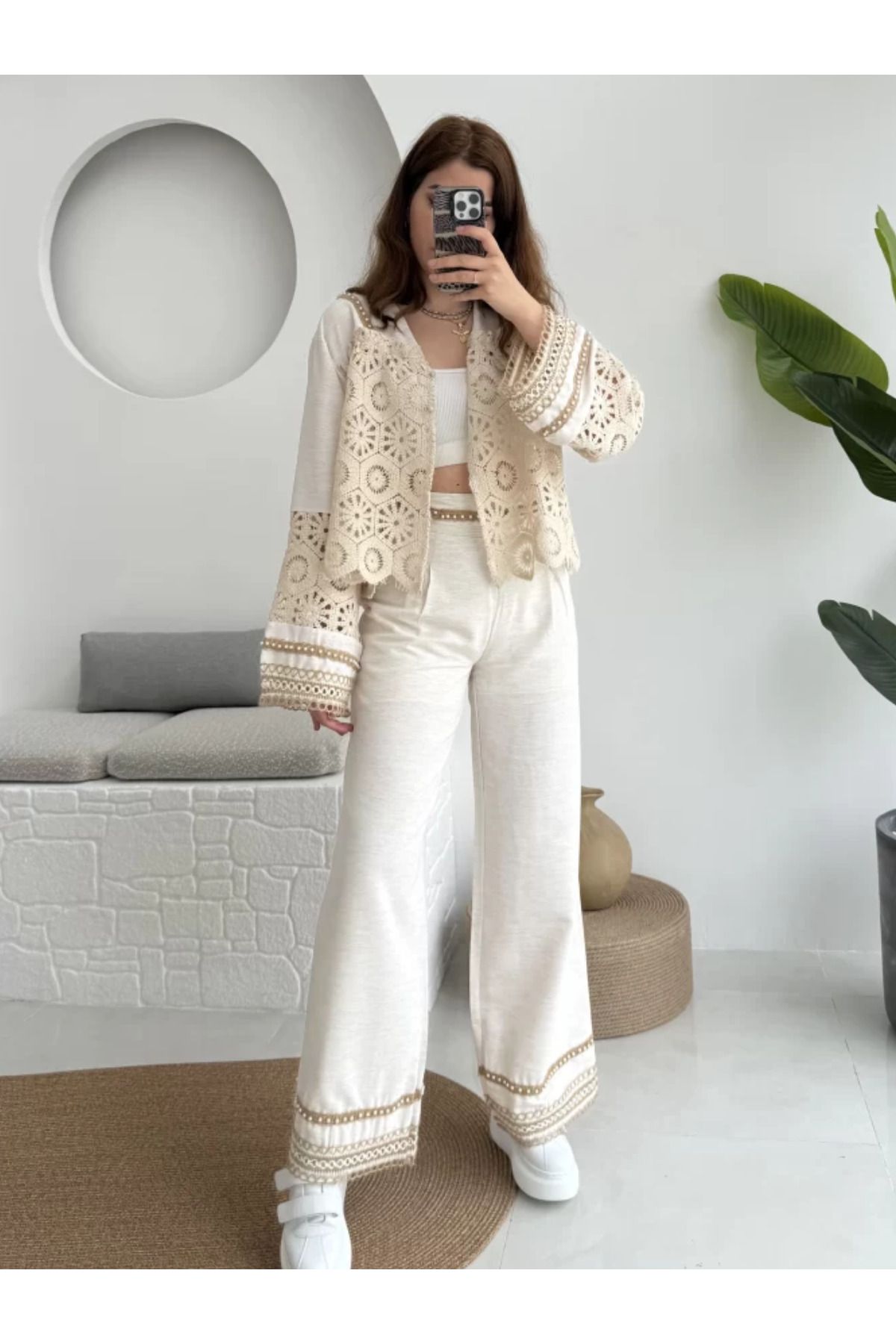 RosePearl Kadın Dantel Detaylı Keten Gömlek Pantolon Takım
