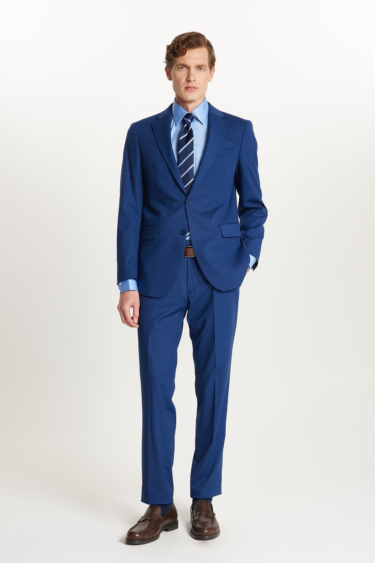 Tudors Erkek Slim Fit Mono Yaka Likralı Esnek Kumaş İndigo Takım Elbise