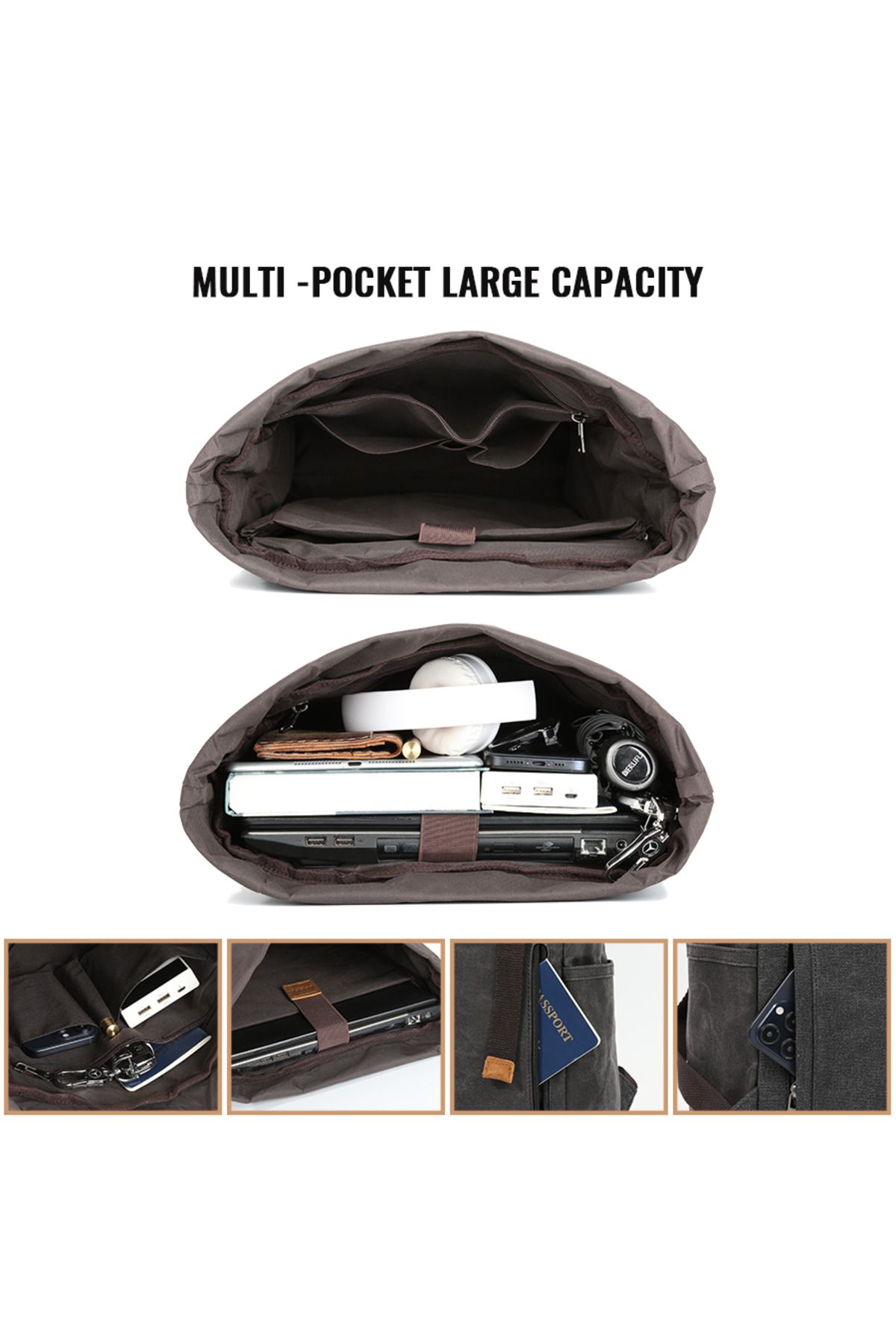 JOLAR.-Rucsac din canvas, pentru calatorii, drumetii, compartiment laptop, rezistent la apa, unisex, JOLAR. 6