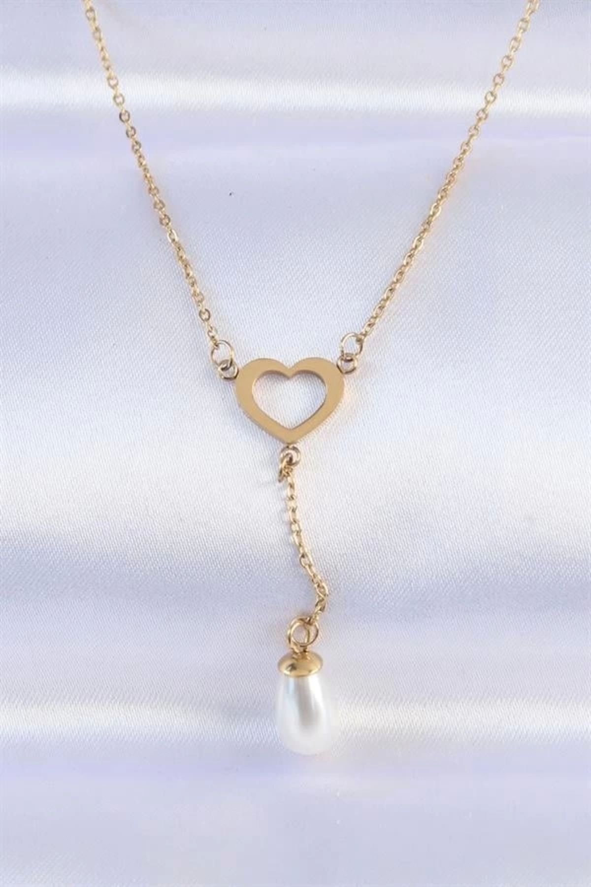 Lale Moda 316L Çelik Zincir Gold Renk İnci Taş Detay Kalp Kolye