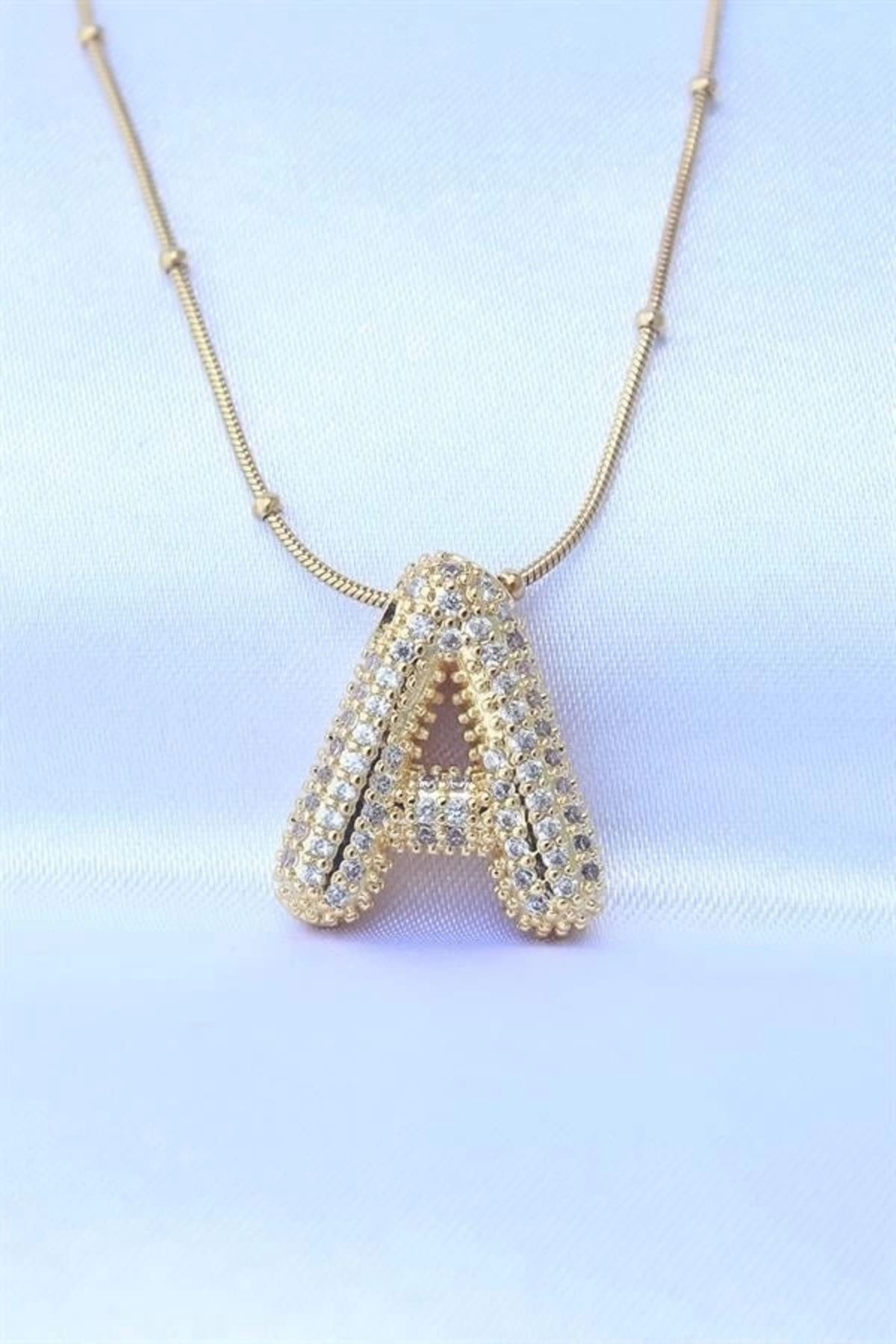 Lale Moda 316L Çelik Zincirli Zirkon Taşlı A Harfli Gold Renk Bubble Kolye