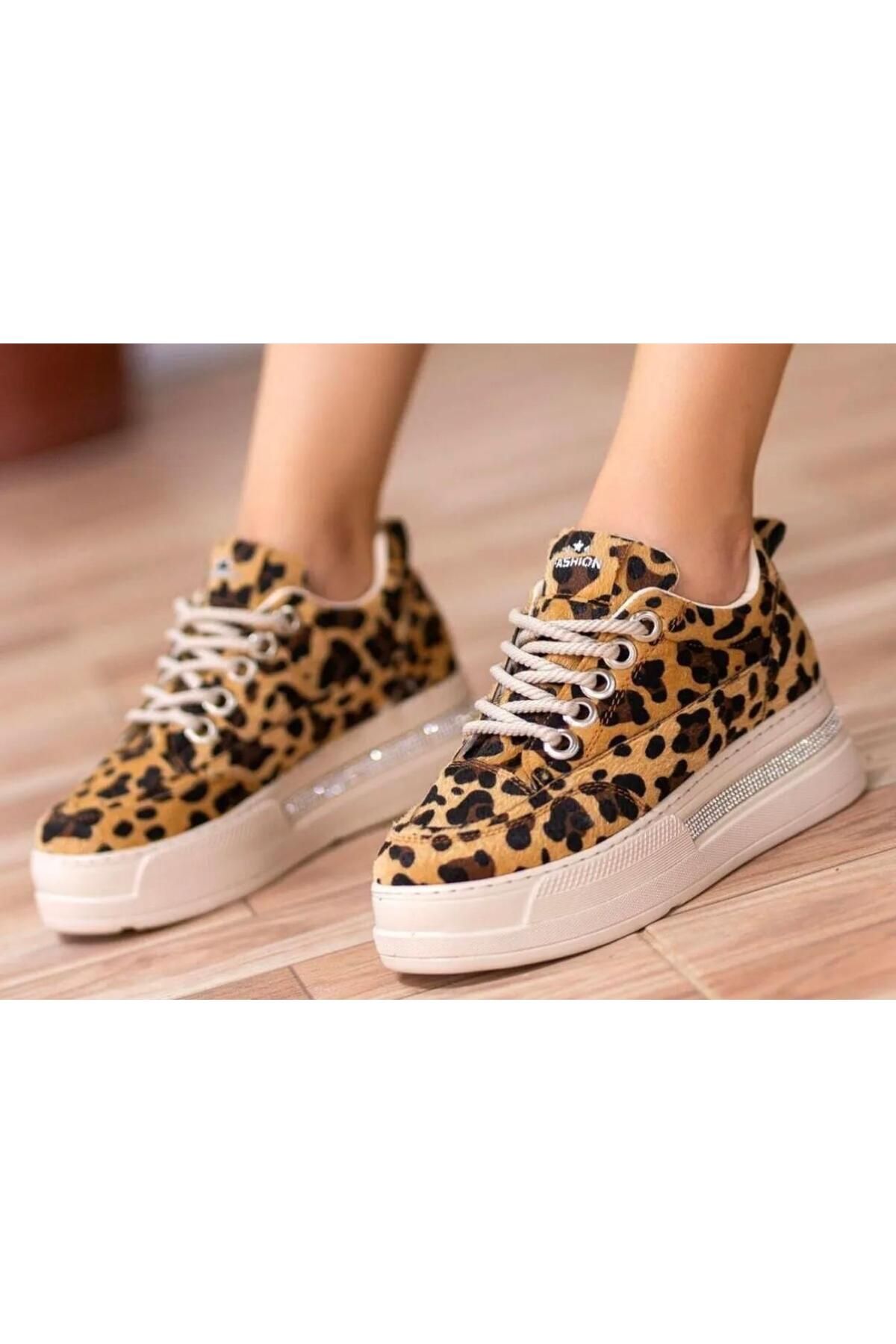 MODA27 Kadın Bella Leopar Yüksek Taban Spor Ayakkabı